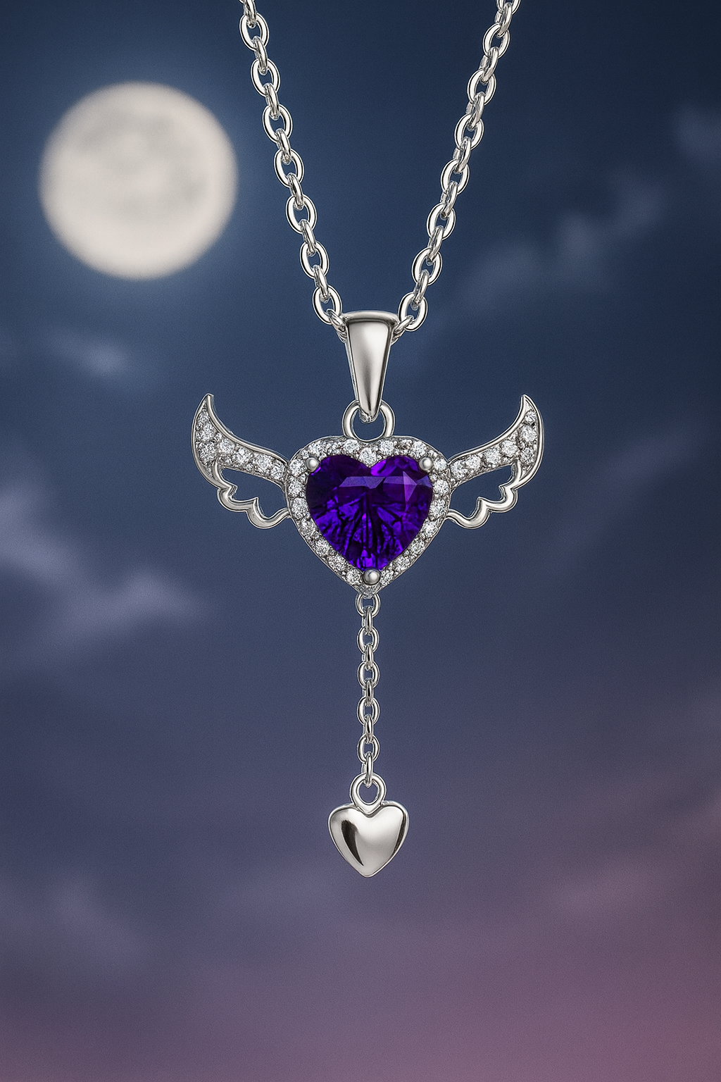 گردنبند بال فرشته قلبی نگین بنفش یاقوتی استیل رنگ ثابت برند سواروسکی Swarovski زنجیر دیپلمات ۴۵ سانت استیل رنگ ثابت