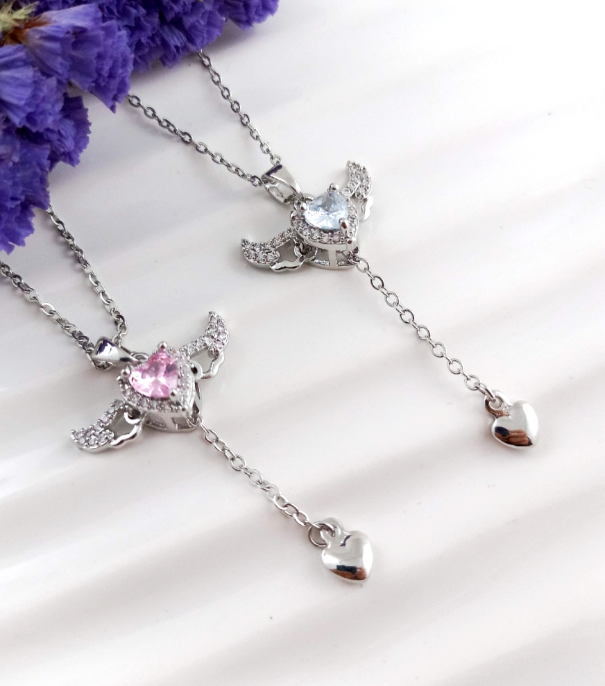 گردنبند بال فرشته قلبی نگین سفید استیل رنگ ثابت برند سواروسکی Swarovski زنجیر دیپلمات ۴۵ سانت استیل رنگ ثابت