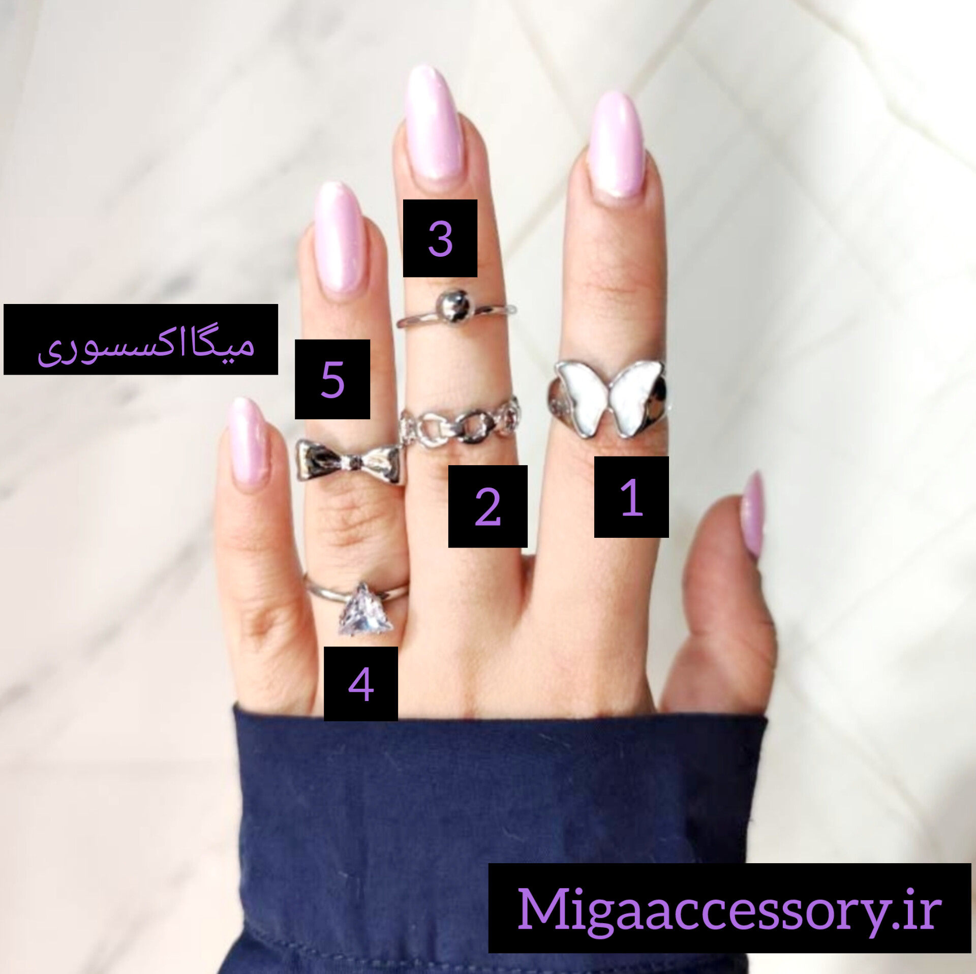 انگشتر نقره‌ای پروانه میناکاری/پاپیون پینترستی/ نگین مثلثی و زنجیری استیل مقاوم ضد حساسیت تولید ایتالیا از برند Zara accessories