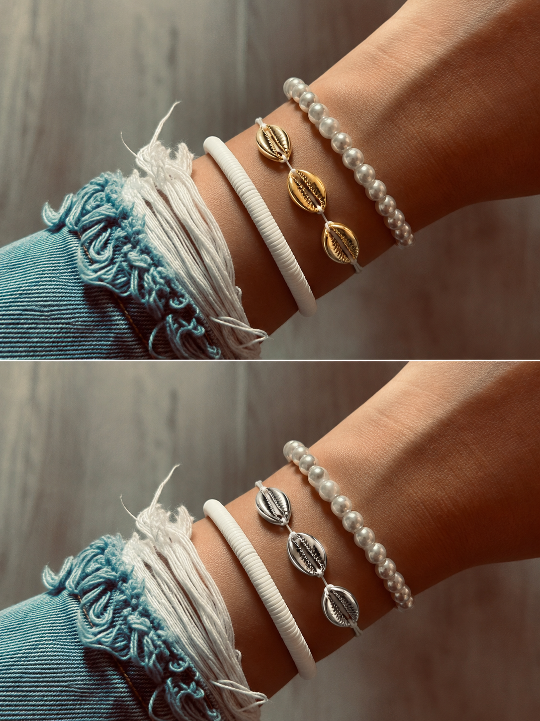 ست ۳ تایی دستبند و پابند مرواریدی و صدفی طبیعی طلایی و نقره‌ای (Cowrie) | قابل تنظیم، استایل ساحلی تابستانی دریایی، چندکاره از برند H&M ایتالیا